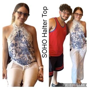 (T6) Soho Blue and White Floral Halter Top, Sz XS